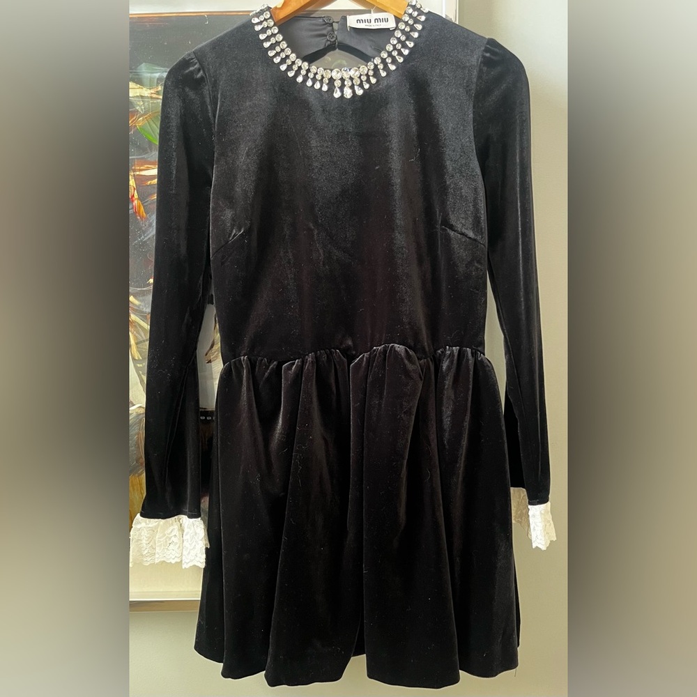 Miu Miu Black Velvet Dress with Crystal Collar and White Lace Cuffs